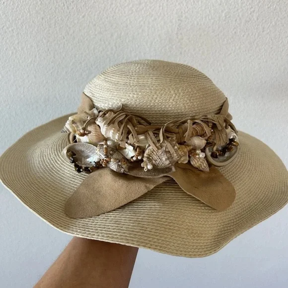 VTG Mermaidcore Straw Beach Sun Hat Shell Trim Boho Coastal Festival S/M - Picture 16 of 16
